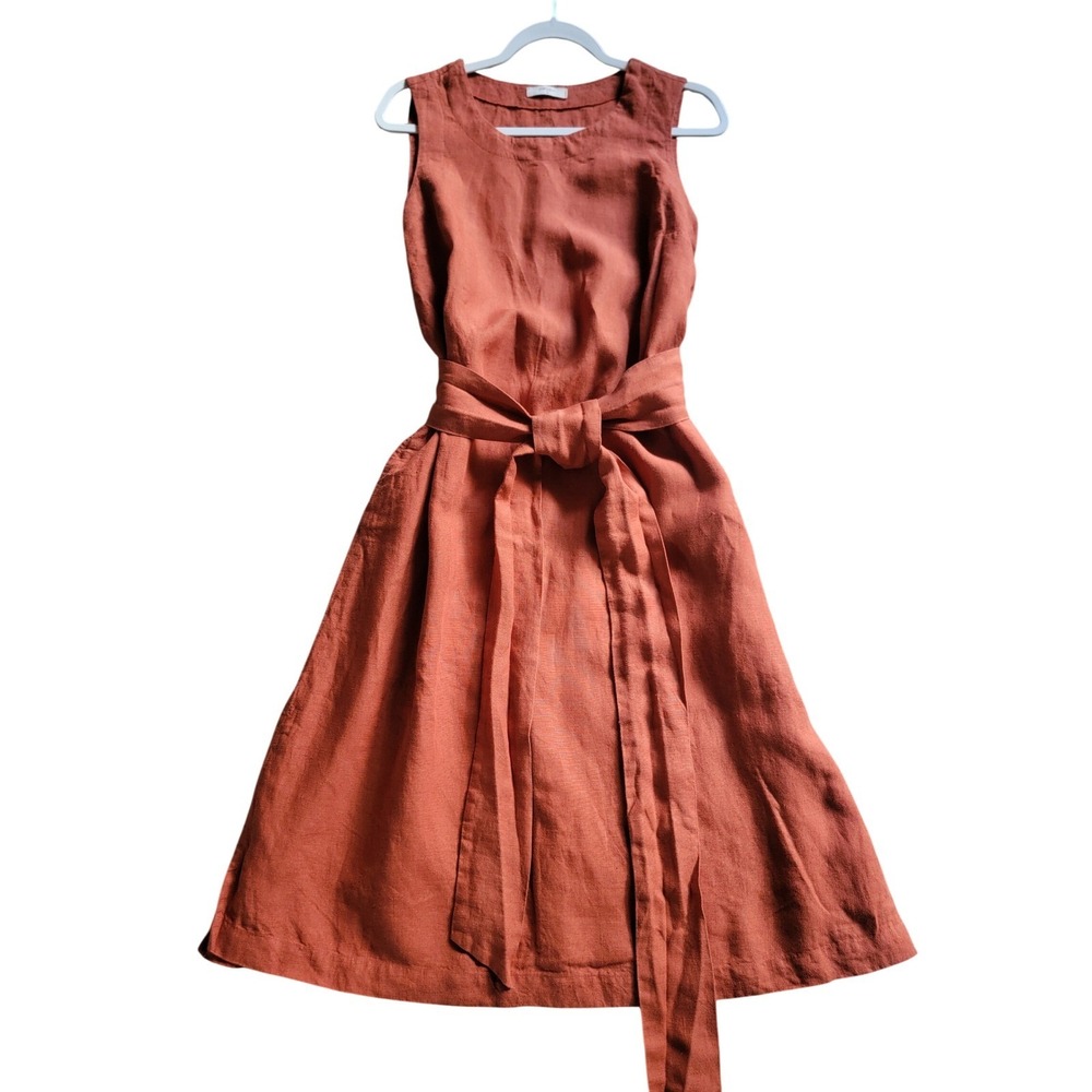 menique 100% Linen Hailey Sleeveless Obi Wrap Midi Dress Belted Red Small Pocket - Picture 9 of 15